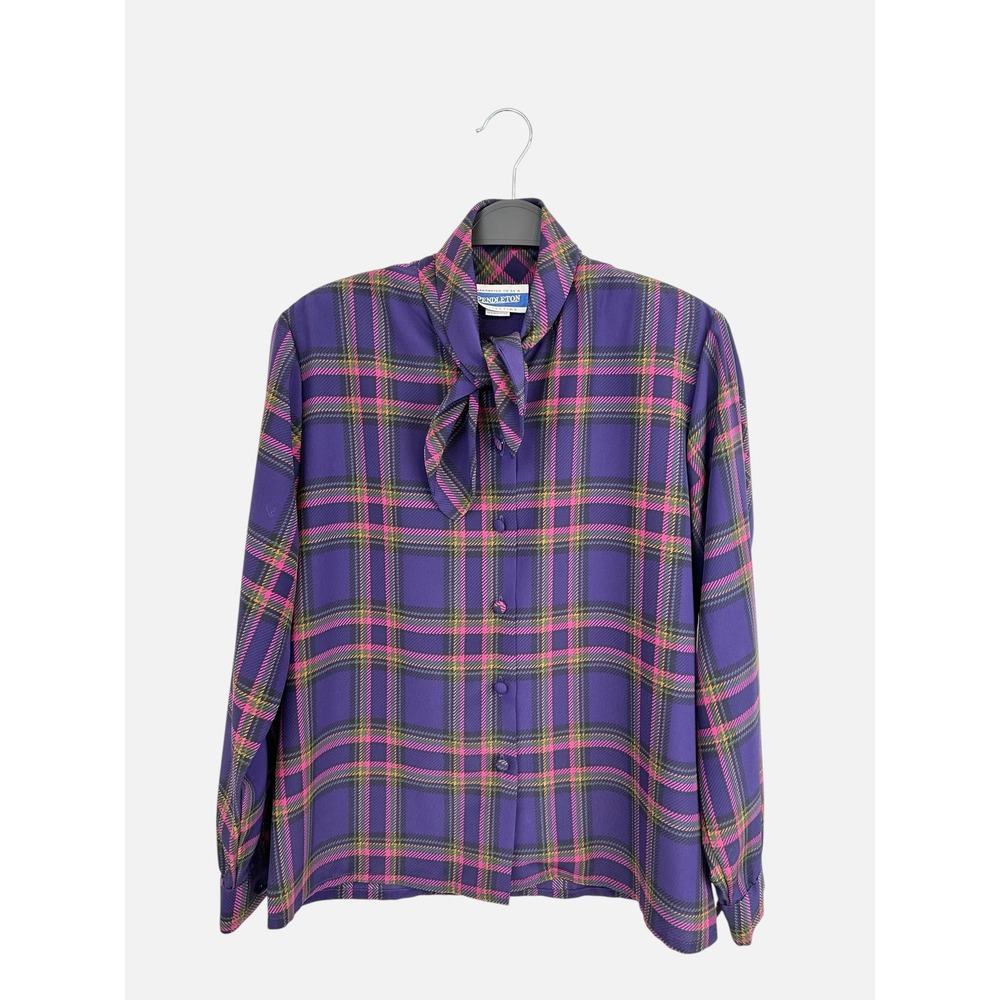 Pendleton Vintage 80s Purple Plaid Tie Neck Blouse Long Sleeve Made in USA 10